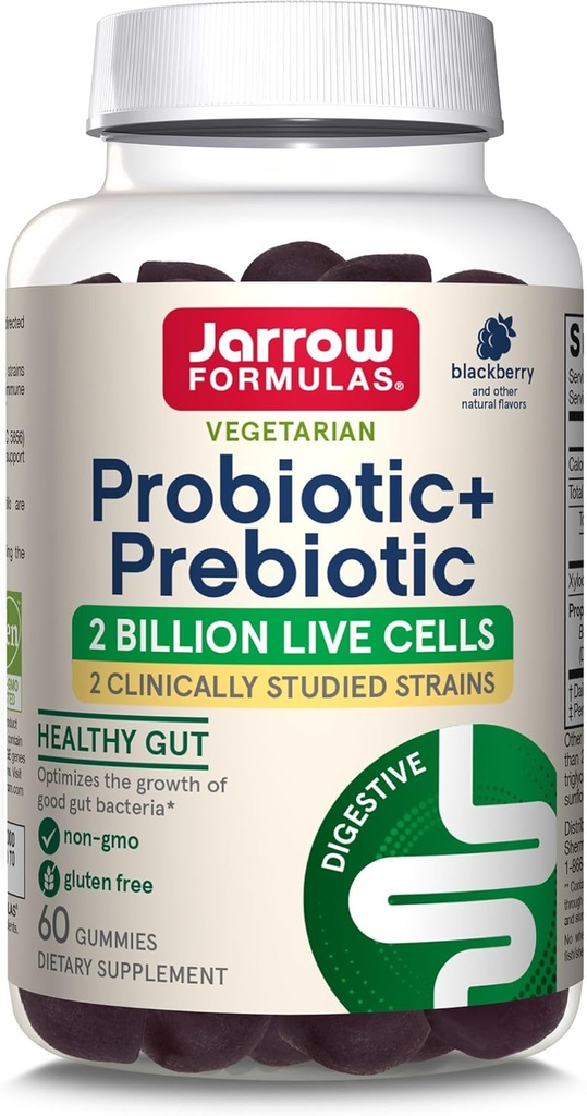 Jarrow Formats Probiotic + Prebiotic 饮食补充,消化健康,Gut Flora+Immune健康 - 2亿 CPU - 2 临床研究草原 - 60 Gummys - 黑莓火焰