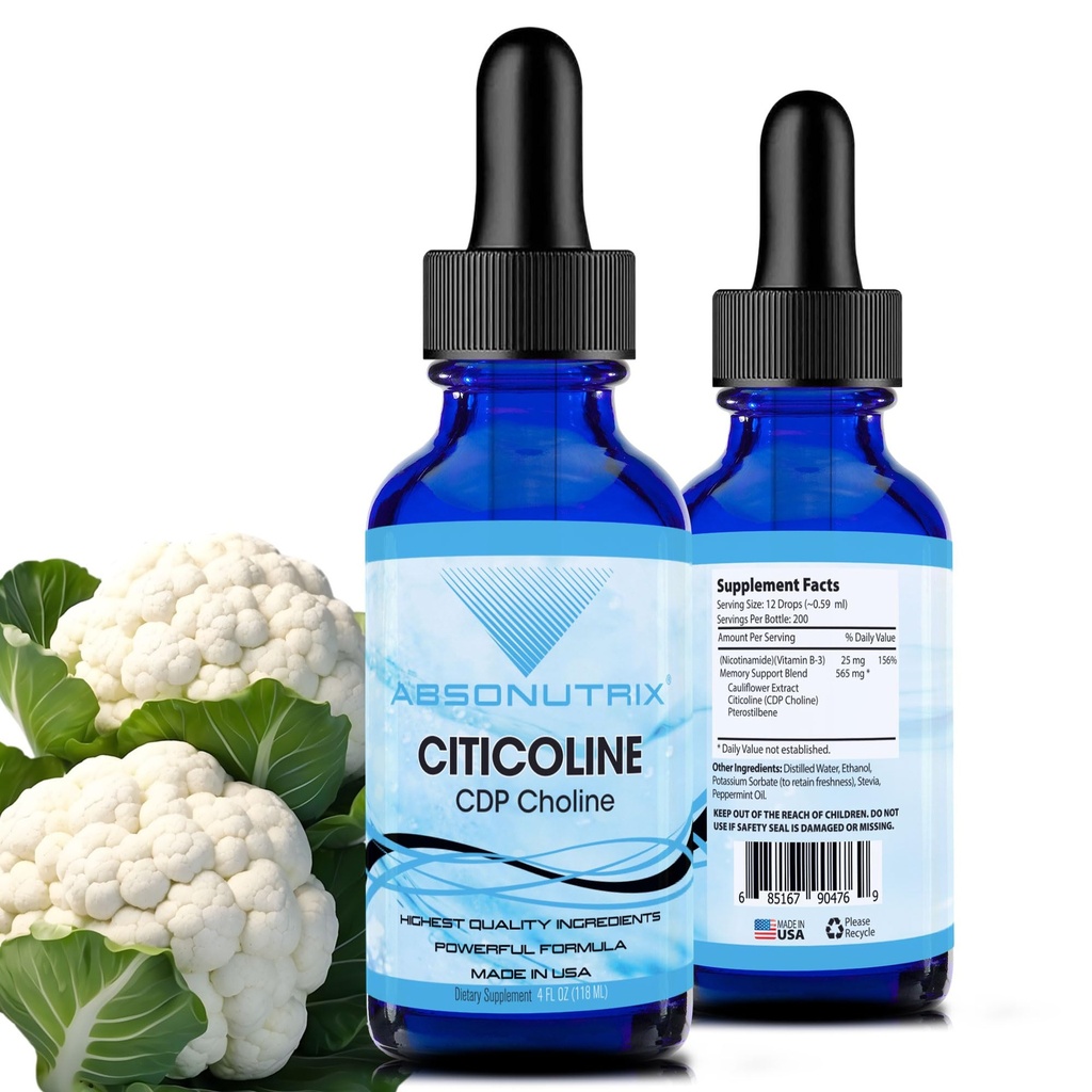 Absonutrix Citicoline 590 mg, 4 Oz Bottle, 200 services, 在美国制造, 快速吸收, 质能成份, 非GMO, GMP认证, 无残忍产品