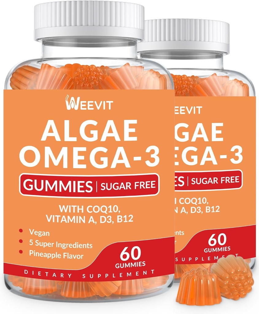 Vegan Omega 3 Gummys, Algae Omega 3 补充 DHA 240mg, EPA 110mg w/维生素B12, CoQ10, 成人鱼油替代品 - 大脑,骨骼,眼和豁免支持