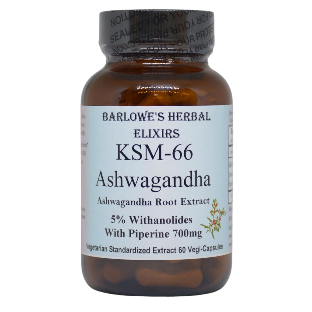 Barlowe的草药 Elixirs KSM-66 Ashwagandha → Ashwagandha 根提取 → 5% Withanolides → 700 mg / Capsule → 60 Veggie Capsules → 组装自由 → 玻璃瓶