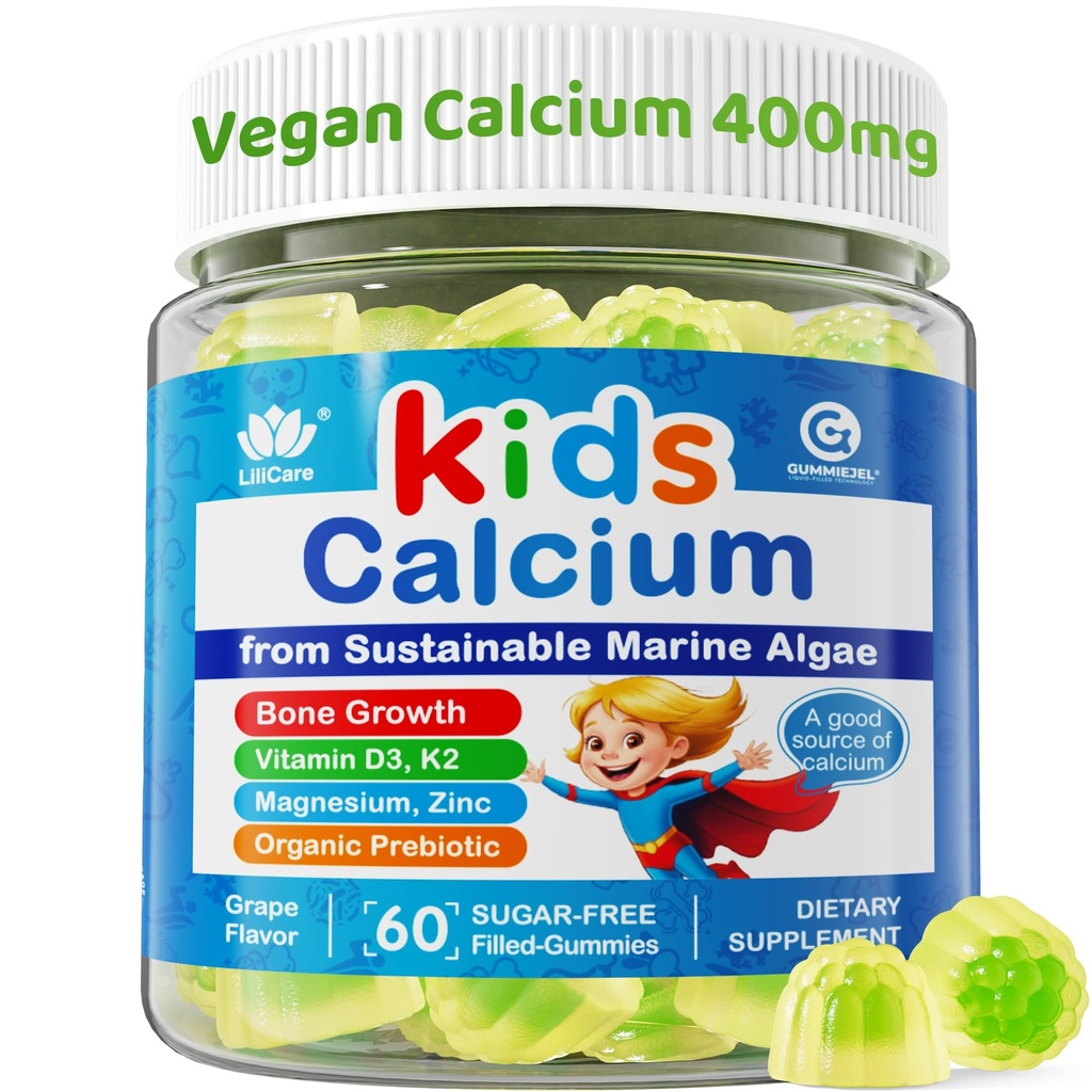 Kids Calcium Gummys + Vitamin D3 K2, 镁,锌, Extra Absolute Algae Calcium Supplement for Kids Gentle to Stomach, Bone, Teeth, Muscle, Brain, 糖免厨童维生素4+, 60 Counts.