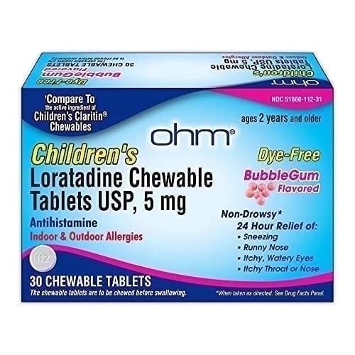 Ohm 儿童Loratadine Chewable、Dye Free、Bubblegum、Non Drowsy 24h 缓解喷嚏、Runny Nose、水眼、痒喉或鼻塞、安非他明、室内和室外过敏症、5毫克、30块药片