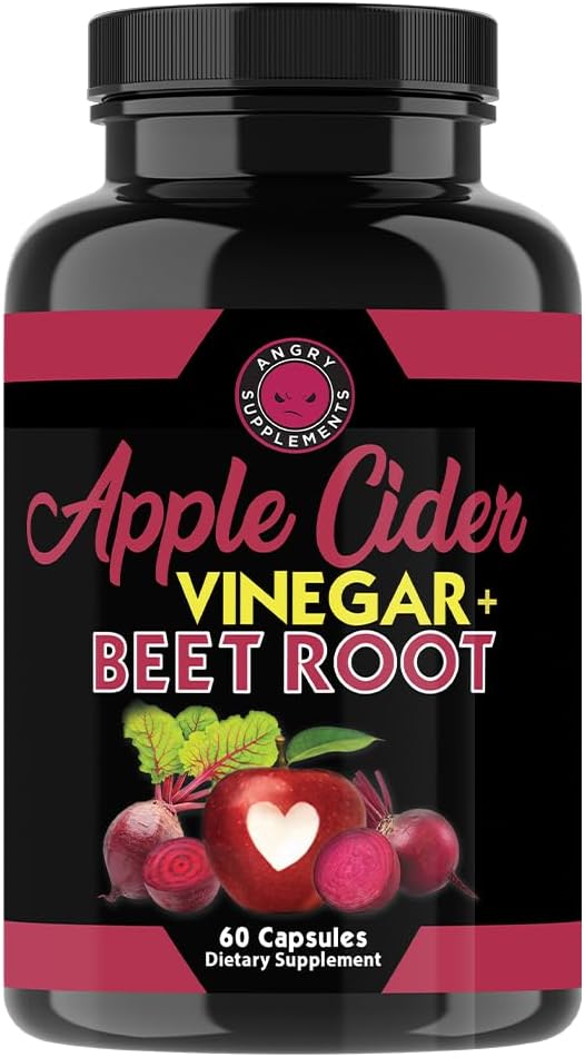 Angry 补充 Apple Cider Vinegar + Beet Root Power Capsules,纯ACV Beetroot 1000mg 单服务,男女消化健康(60cm,1-月供应)