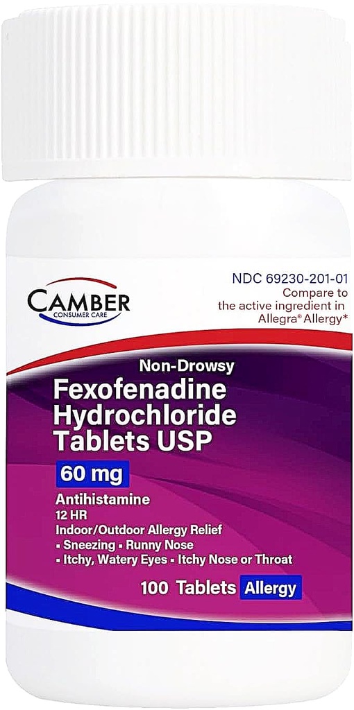 Camber 非Drowsy Fexofenadine 抗希斯胺 室内室外过敏药片 60Mg 100 计数