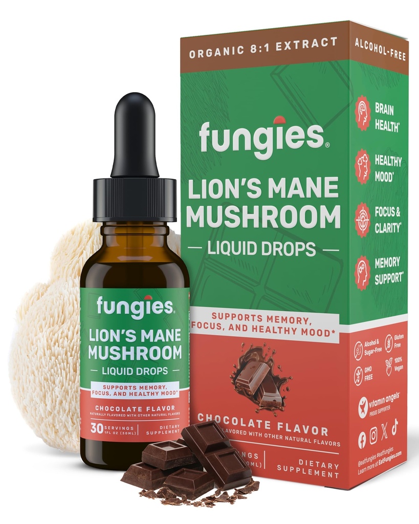 Fungies Lion's Mane Mushroom Liquid Drops, 巧克力 - 与狮子 Mane 提取的叮当支持脑雾,焦点,记忆与健康的Mood - 蘑菇复合体 成人补充 - 30 services