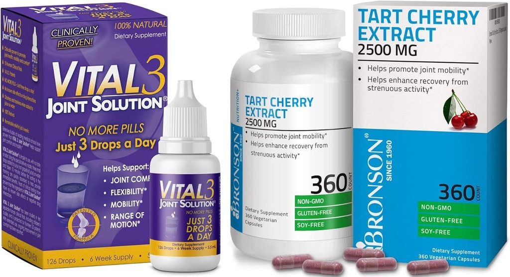重要3 联合解决方案 临床证明的液体膝盖救济补充剂 + Bronson Tart Cherry 提取剂 2500 mg 蔬菜卡普尔