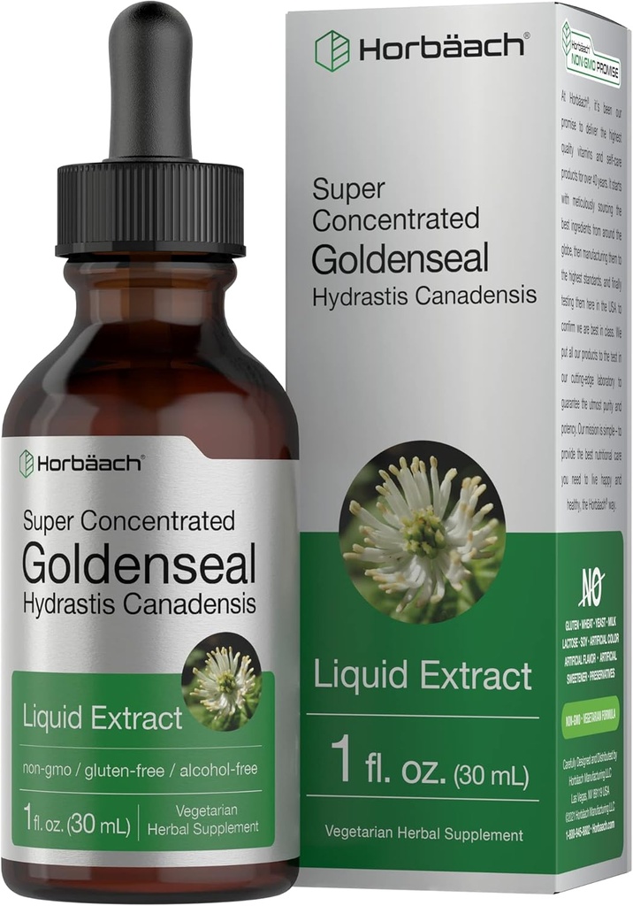 Horbäach Goldenseal root Tincture → 1 Fl Oz → 液体提取补充 → Hydrastis Canadensis Herb Drops → 酒精自由 → 蔬菜,非GMO,和 Gluten 自由
