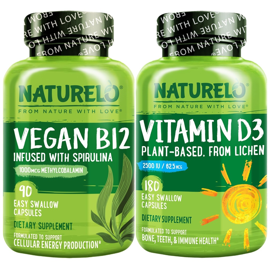 NATURELO 维生素D - 以Lichen为原料的植物 - 180个微型卡普尔,Vegan B12,1000毫克克甲基科巴拉明 - 90个卡普尔