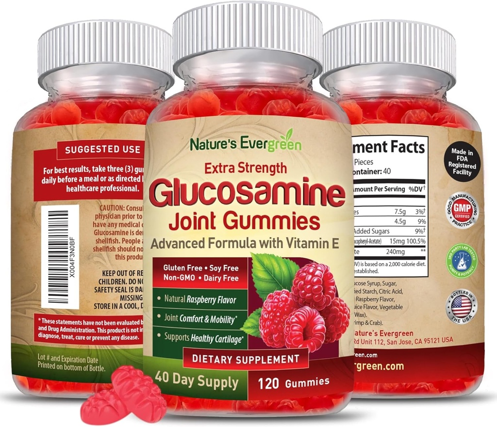 超强Glucosamine 联合支持 Gummy 补充 → 自然联合健康支持与灵活性 背部,膝盖,手 → 维生素E 支持女性和男性 → 120古米