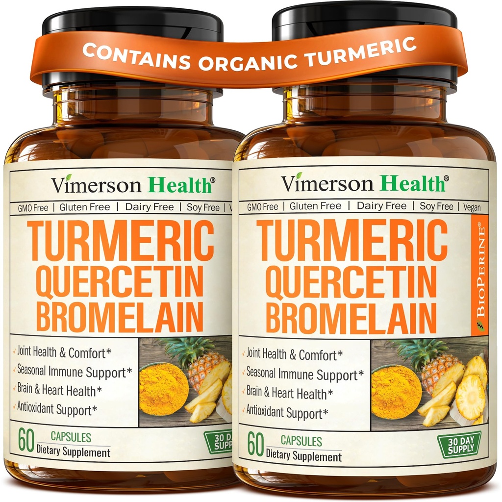 Bromelain Turmeric Crucumin 补充 – 过敏缓解,联合和免疫支持 – 有机图尔克补充 黑色辣椒(Bioperine) – Quercetin 500mg Capsules 2 Pack