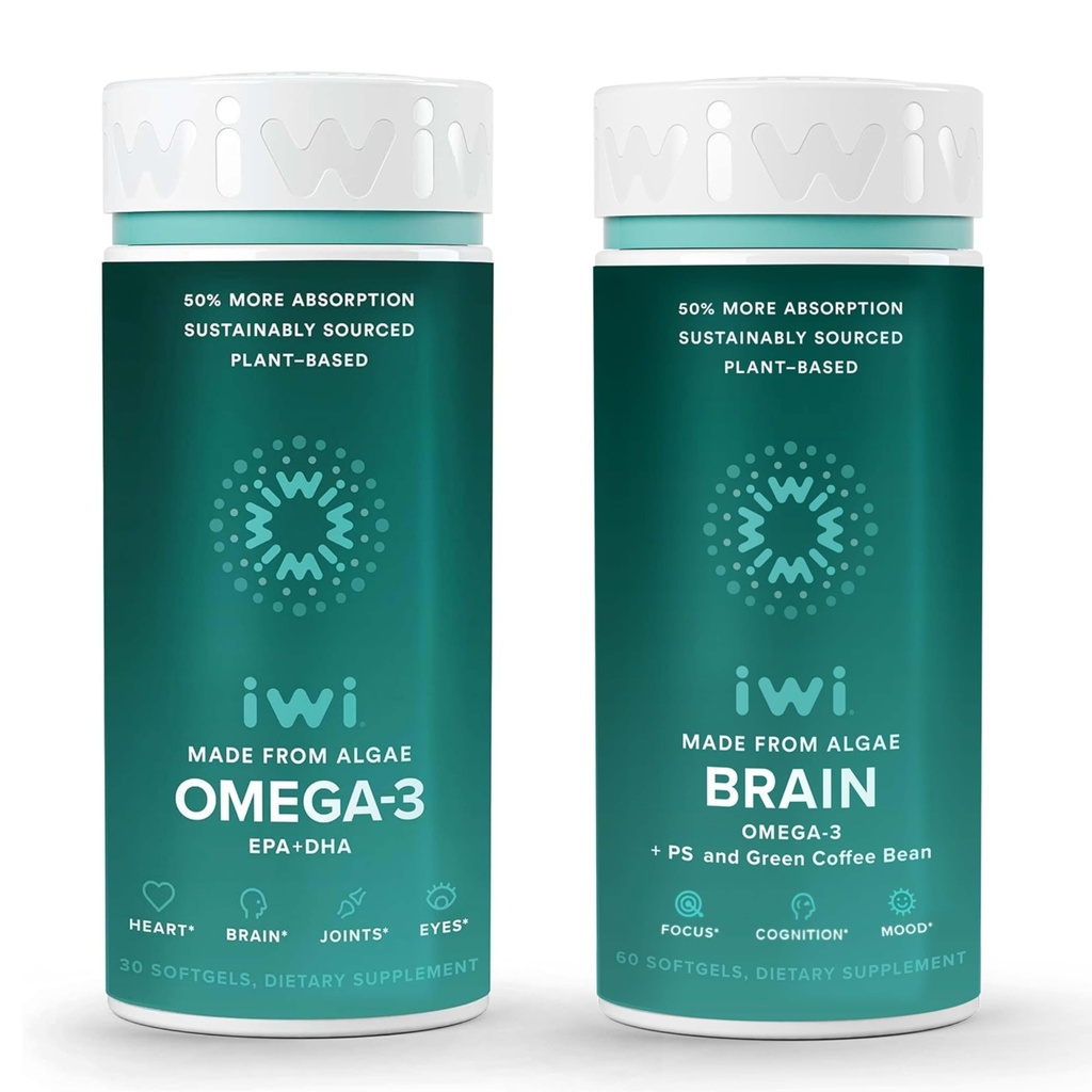 Iwi Omega-3 & Brain Omega-3 Bundle, 30名服务员,Vegan 厂制藻类Omega 3,配有EPA + DHA, Krill 和鱼油替代品,无鱼味余味