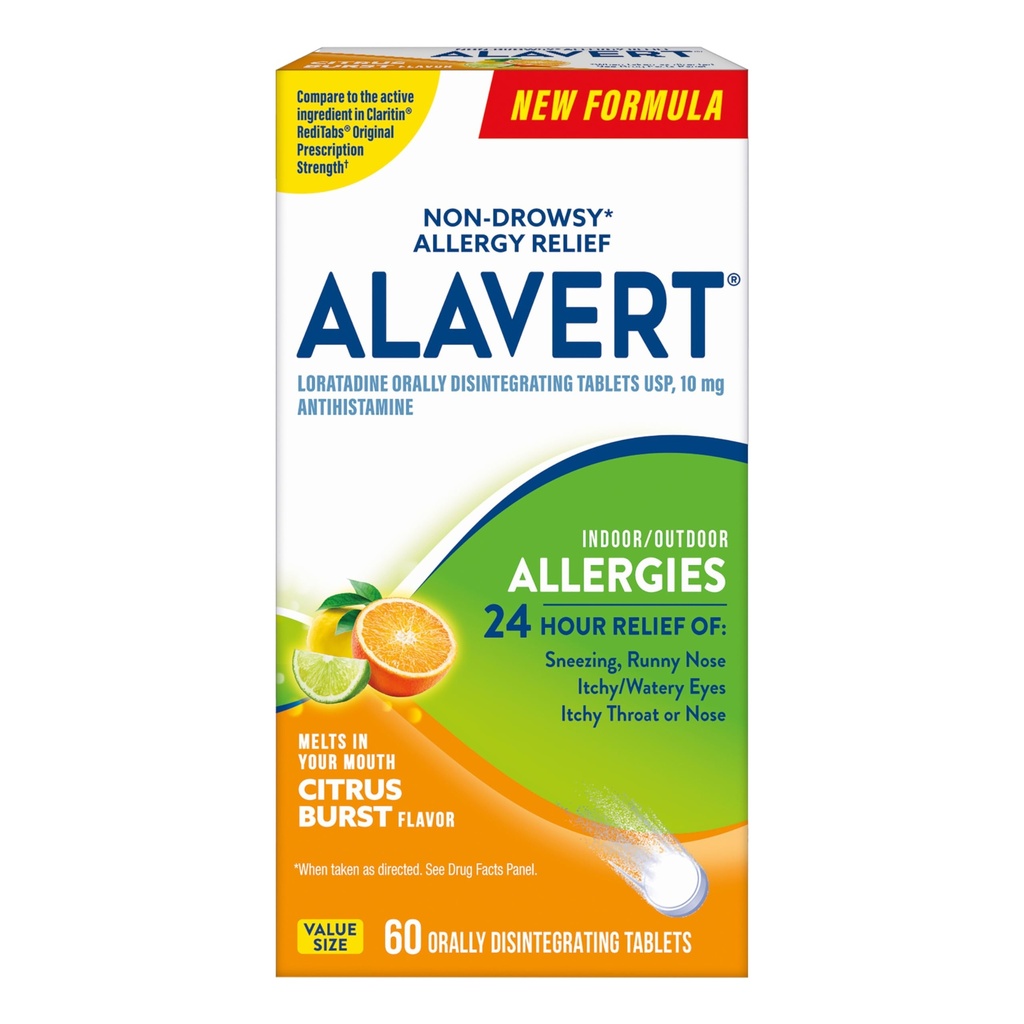 Alavert Allergy 24小时救济、Citrus Burst Flavor、 Orally 分解过敏板块、非醉酒类抗希斯泰胺、Loratadine 10mg、60个计数