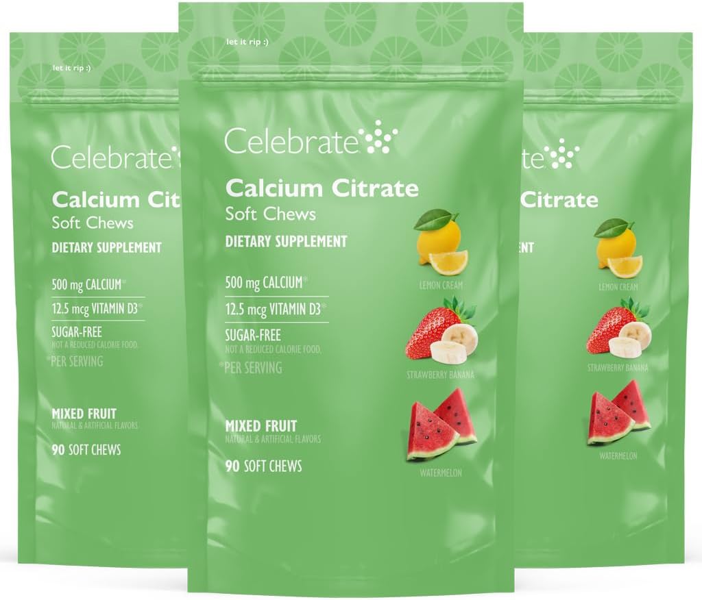 庆祝维生素Bariatric 500mg钙 Citrate Soft Chews,配有500 IU维生素D3 – 胃旁通患者和骨健康必需 - 糖和葡萄糖免费,水果(270 Chews)