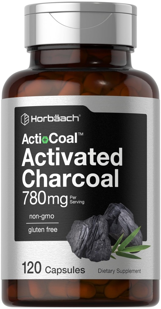 Horbäach 炭类药丸 780mg → 120 Capsules → 激活来自椰子壳的炭类 → Non-GMO 和 Gluten Free → Acti-Coal