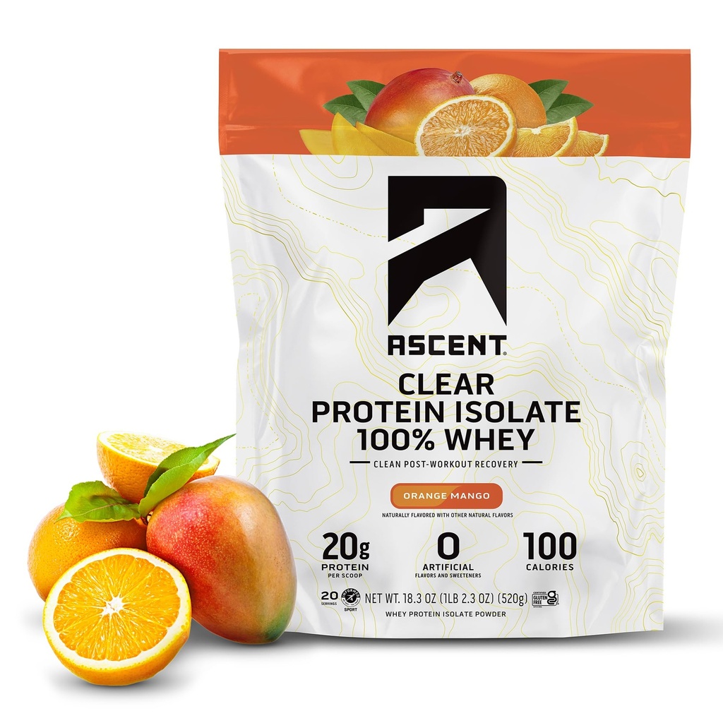 百分百清Whey蛋白粉 - 工作后,零人工火焰和甜点,Gluten Free,5.5g BCAA,2.1g Leucine,基本氨基酸,橙芒果,20种服务
