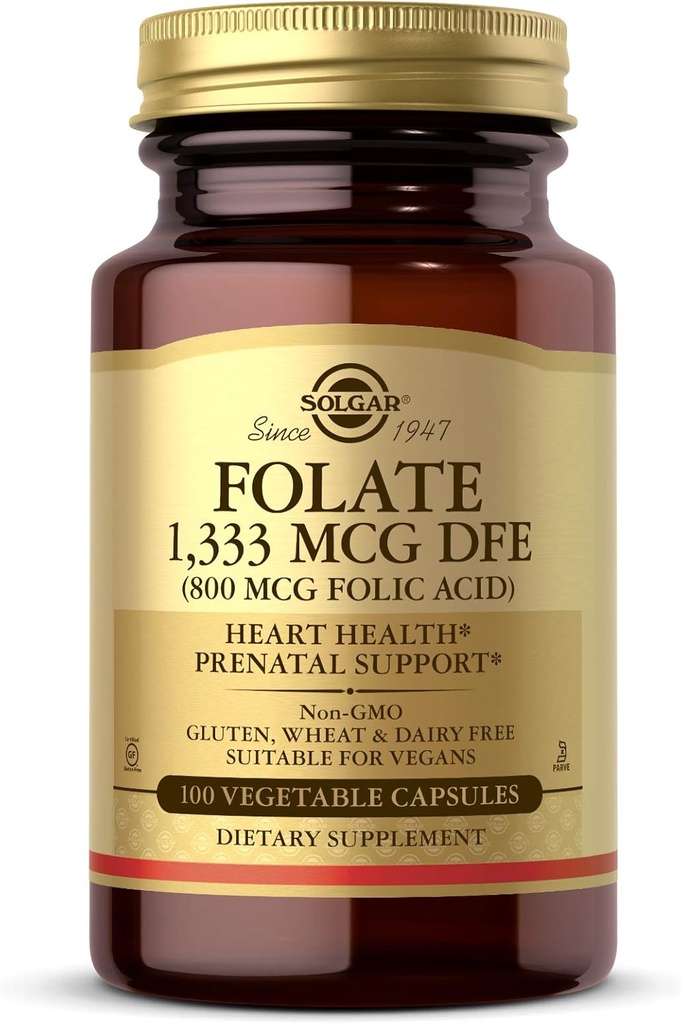 Solgar Folate 1 333 mcg 饮食用Folate等效物(800 mcg Folic Acid),100 蔬菜盖-心脏健康,健康神经系统,产前支持-非GMO,Vegan,Gluten Free-100服务