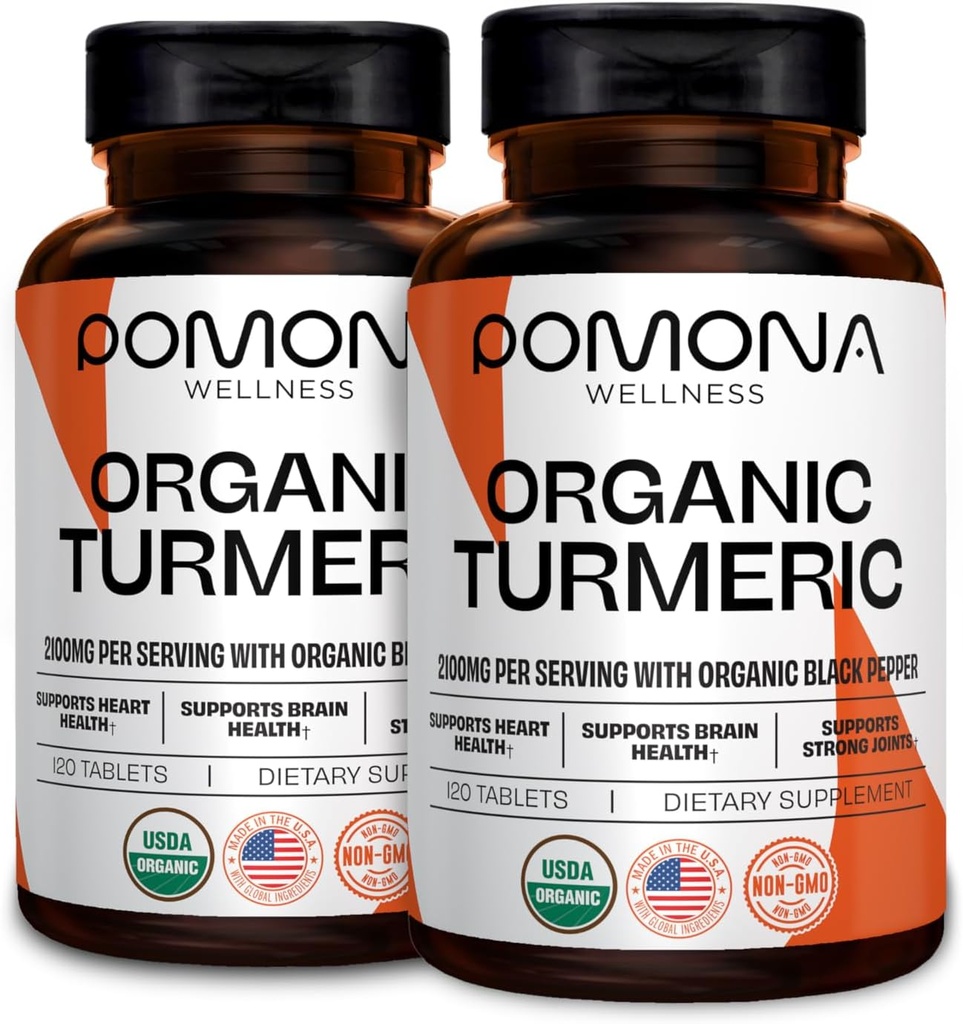 Pomona Wellness 有机涡轮增殖剂2100毫克,USDA Organic,非GMO,Vegan,Turmeric Curcumin 与黑辣椒用于吸收,用于联合支持和豁免,240片(2包)