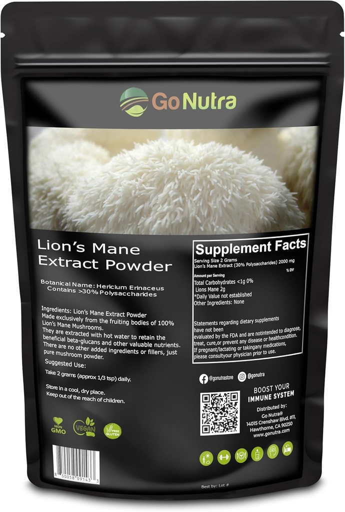 Go Nutra - 狮子的玛恩粉, 10:1 狮子的玛恩蘑菇粉, 配有 30% Polysaccharides, 纯狮子的玛恩抽取茶, 汁, 水, 和更多, Non-GMO, Vegan, 8 oz