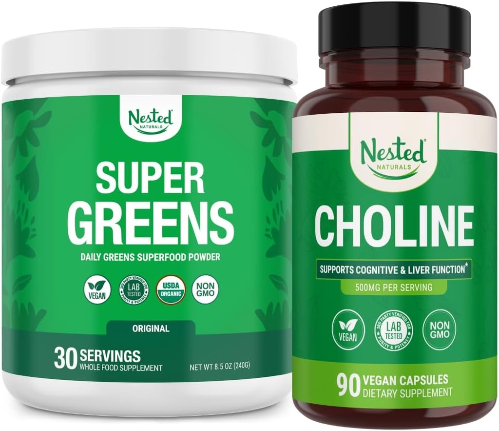 Nested Naturals Super Greens & Choline Bundle 配有Probiotics & Fiber & Choline Bitartrate 的超级食品粉,用于认知函数和清洁能源