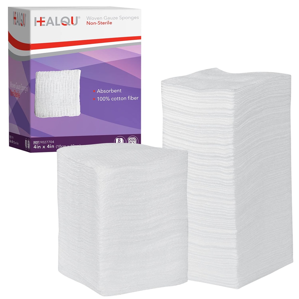 HEALQU 4x4 Gauze Pades - 12 Ply Woven 包200 - Ultra Absorbent 软非固态外科海绵,用于穿伤、脱衣、清洁和防腐