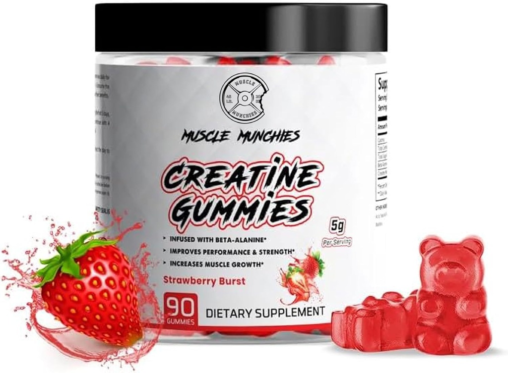 Muscle Munchies Creatine Creatine Chewable Gummys for Men and Women - 与Creatine Per 的Beta Alanine-5g 相融合 - 增强力量、耐力和复原 - Vegan, NonGMO(草莓酸奶)
