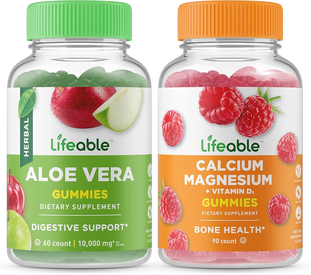 活的Aloe Vera + Calcium Magnesium, Gummys Bundle - 大品尝,维生素补充,Gluten Free, GMO Free, Chewable