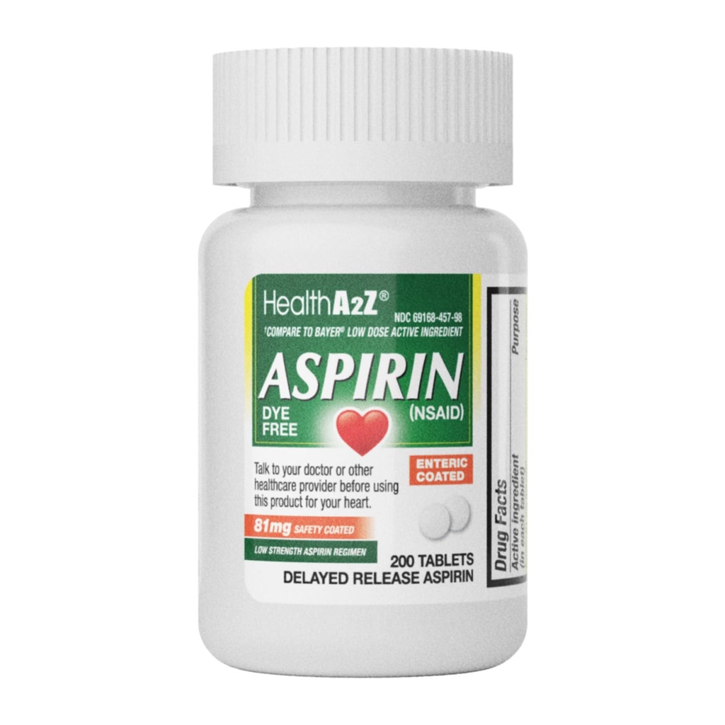 HealthA2Z® Aspirin 81 mg → DYE Free → DYE → 低强度 → 200 Counts → 200 Consults → 减低小痛 肌肉疼痛 + Cramps → Fever 减低头痛 → (NSAID)
