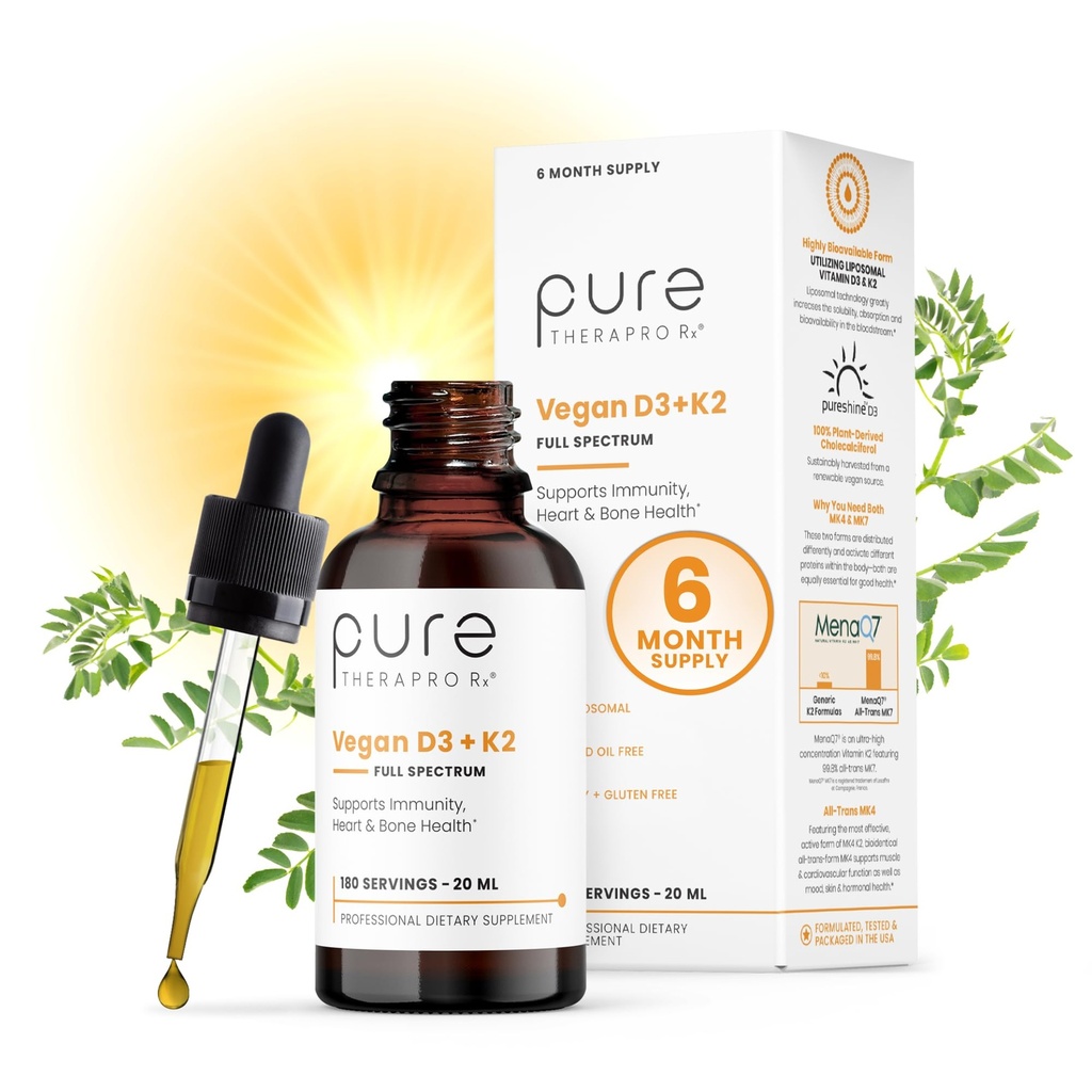 纯热尔普罗Rx Vegan D3 + K2 有机Liposomal 20ml 在美国制造 → 6个月供应 → 最大吸收 维生素 D3 和 维生素 K2 男女补充剂 D3 维生素 5000 IU