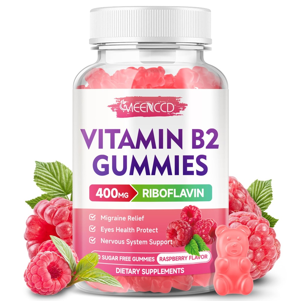 维生素B2 Gummys Riboflavin 400mg 儿童与成年人镁补充剂,Migraine Relief & Nervous系统支持的B2 Gummys, Vegan,无糖,Raspberry Flavor, 60 Counter