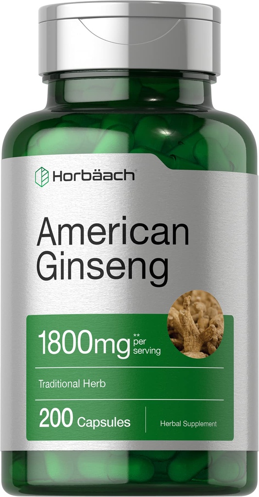 Horbäach American Ginseng Capsules 1800 mg → 200 Counter → Non-GMO, Gluten Free Supplement → Ginseng 根提取复合物