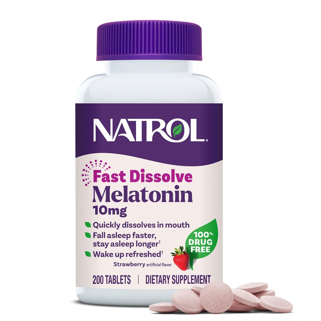 Natrol Melatonin 10mg 快速溶解片 - 草莓 Flavor, 200 计数,睡眠支持,快速溶解 Melatonin 成人, 200日供应