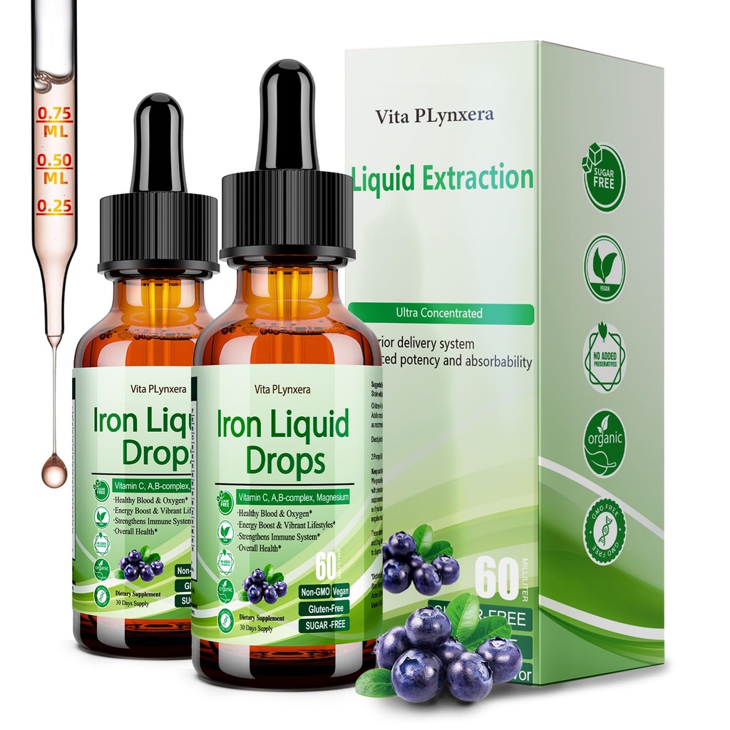 2 Pack Liquid Iron Supplement for Women Men & Kids, Vegan Iron D 配有维生素C D, B12, B-Complex, 配有多维特敏抗贫血液的高概率液体, 能源支持, 镁铁热液