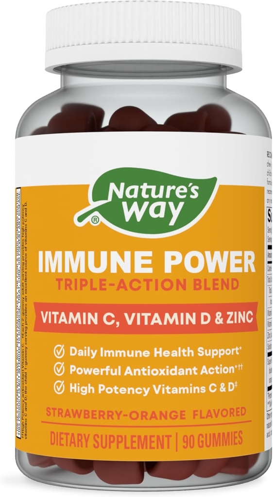 自然之路 Imune Power, Triple Action Imune Support Blend *, 维生素C和D, 锌, 草莓-橘花火焰, 90 Gummys