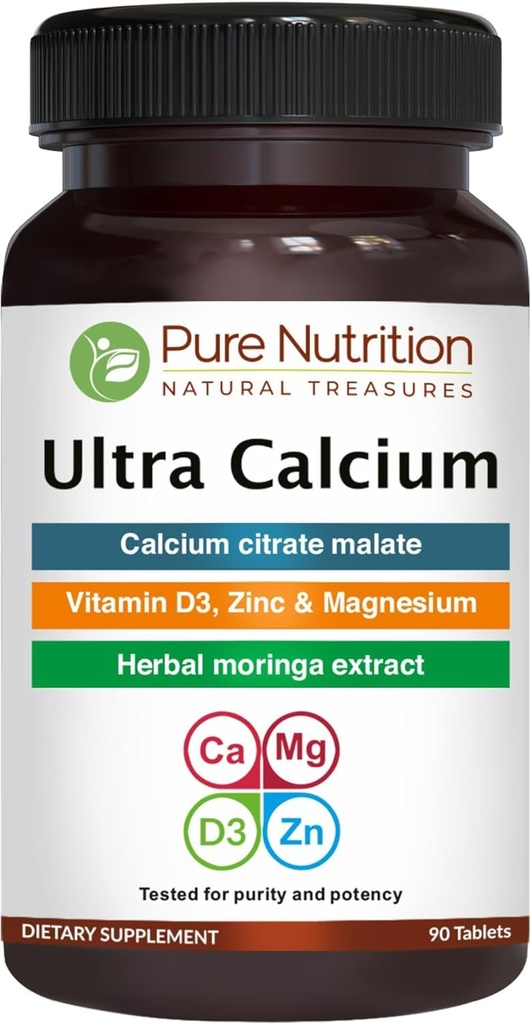纯营养超钙1000mg配有VIT D3 + K2 → 90 Tab → 高可吸收性钙辅料配有Citate Malate钙,VIT D3,K2,Moringa Oleifera,镁和锌.