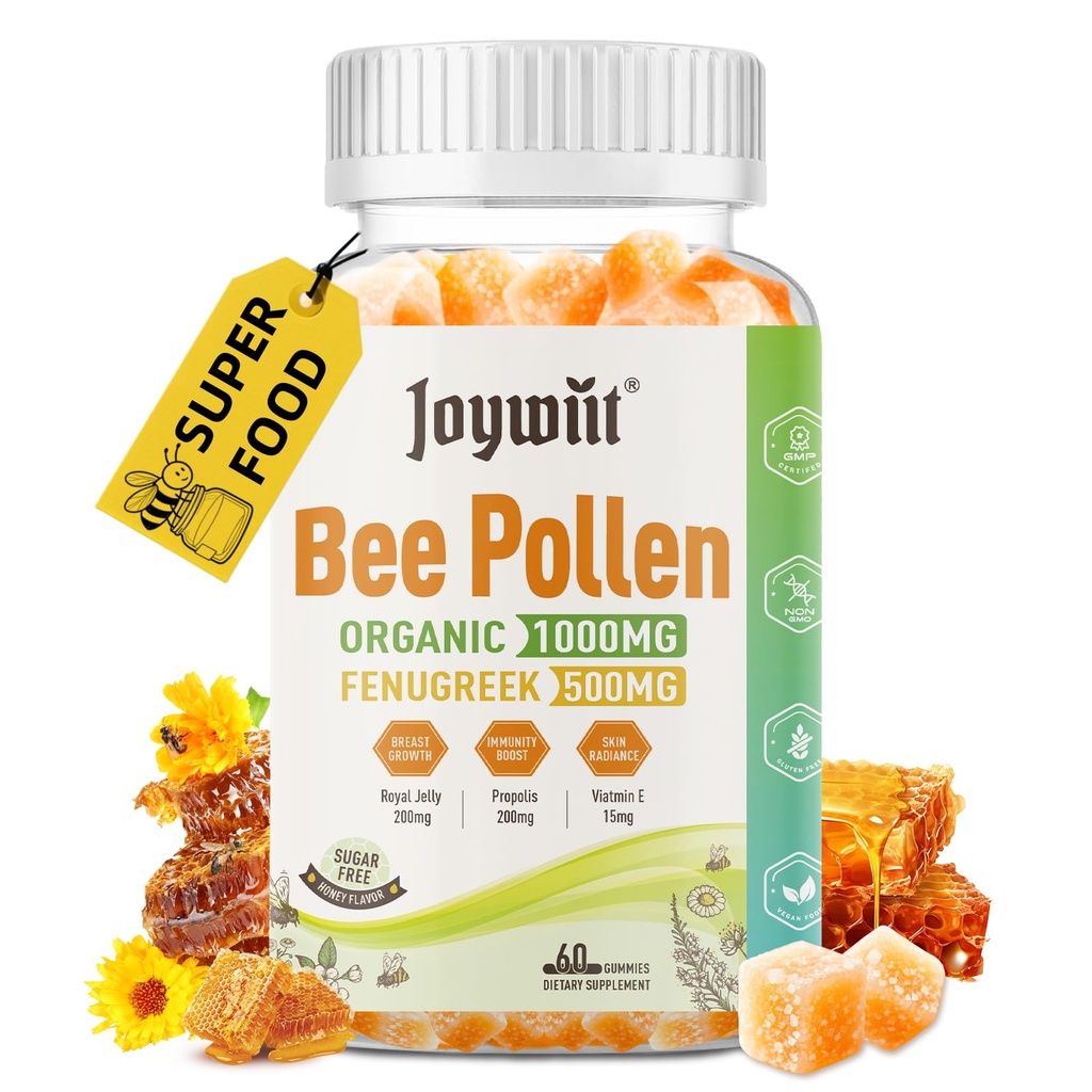 Bee Pollen 1000mg 无糖胶,w/Fenugreek,Royal Jelly,Propolis,有机蜜蜂 Pollen Chewable Suppl for Women, Rich in Vitamin E, 豁免和皮肤护理, 60 Counts
