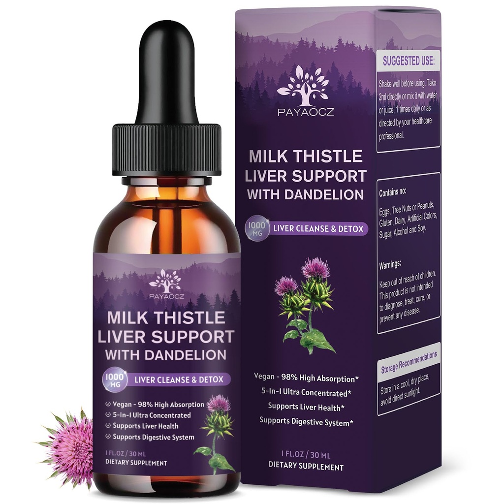 (2 Pack) 牛奶 硝酸盐液滴Silymarin 1000mg,Liver Supplement Detox & Cleanse with Dandelion & Artichoke, 牛奶 硝酸盐有机提取物 支持修理肝脏健康, Vegan, Non-GMO, 1 Fl Oz