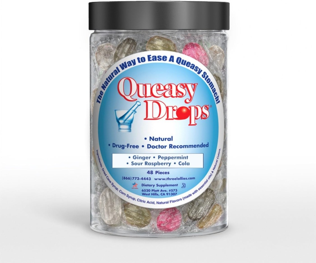 3个Lollies Qeasy Drops - 支持运动疾病救济. 怀孕和早间疾病救济。 胃部和解滴滴 各类48个计数