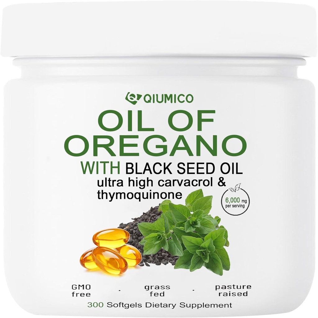 Oregano油与黑籽油软胶,Oregano油胶有机,2 in 1 6000mg Oregano油与黑籽油200mg,300 Count