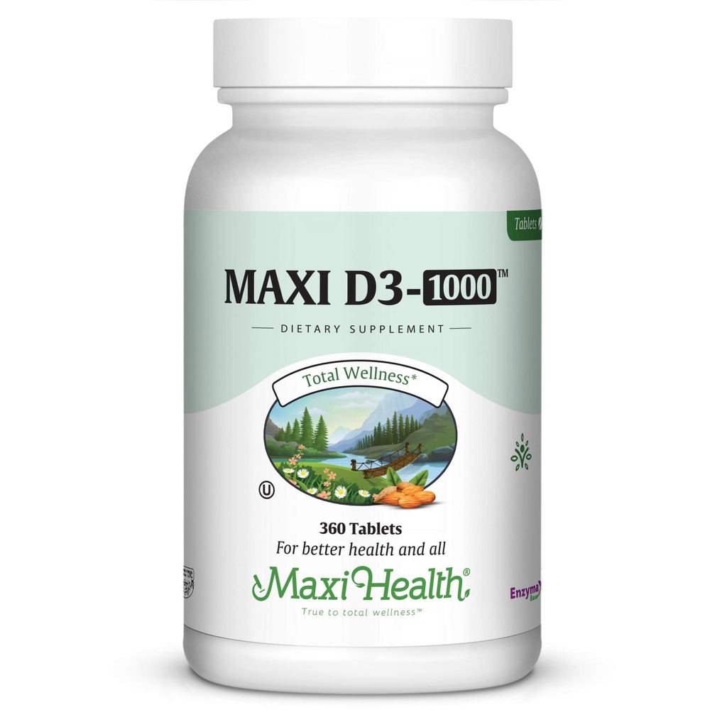 Maxi-Health Vitamin D3 1000 IU - 健康肌肉功能、骨骼健康和免疫支持 - 360平板 - 成人最佳科舍补充剂