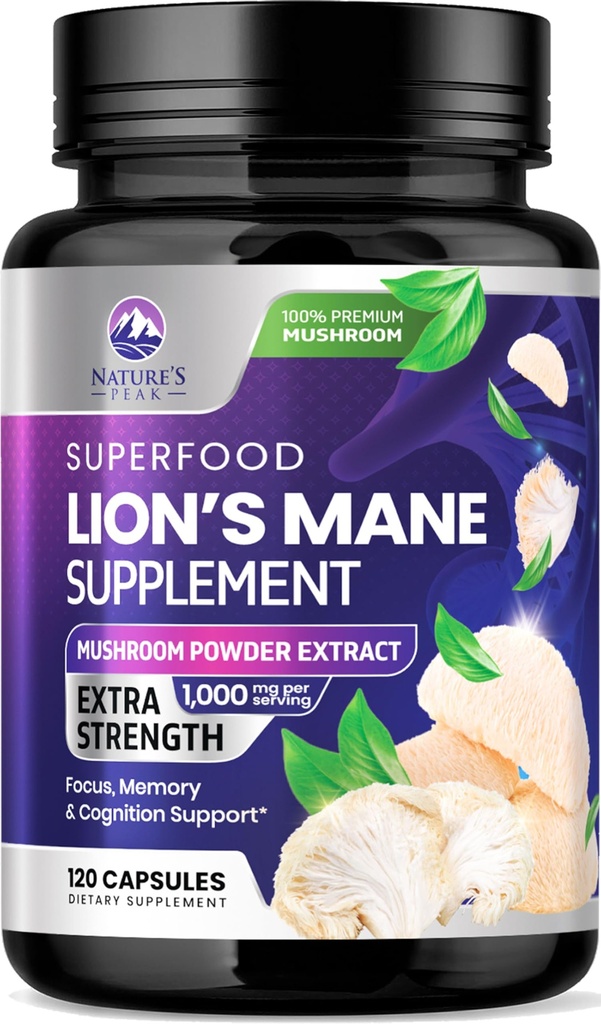 Lions Mane Mushroom Capsules 10,000mg - 狮子的 Mane 补充 Capsules 用于记忆和焦点支持,脑,免疫健康支持,Vegan, Bottled in America, Lions Mane Mushroom Powder Extract, 120 Count