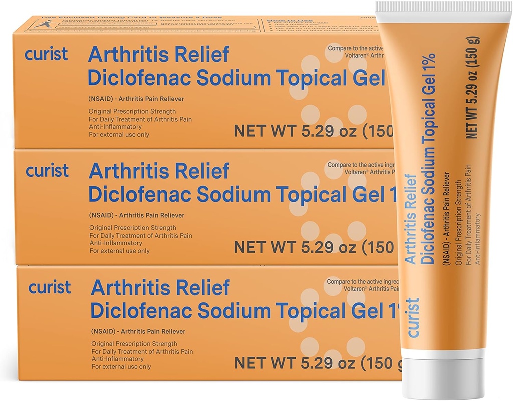 Curist Diclofenac 关节炎 Cream Gel 1%(3根150g的管) - 停止手腕,脚部,肘部,和Ankles的疼痛. 手性关节炎 止痛和膝性关节炎 止痛(3 Pack, 5.29 oz ea.)