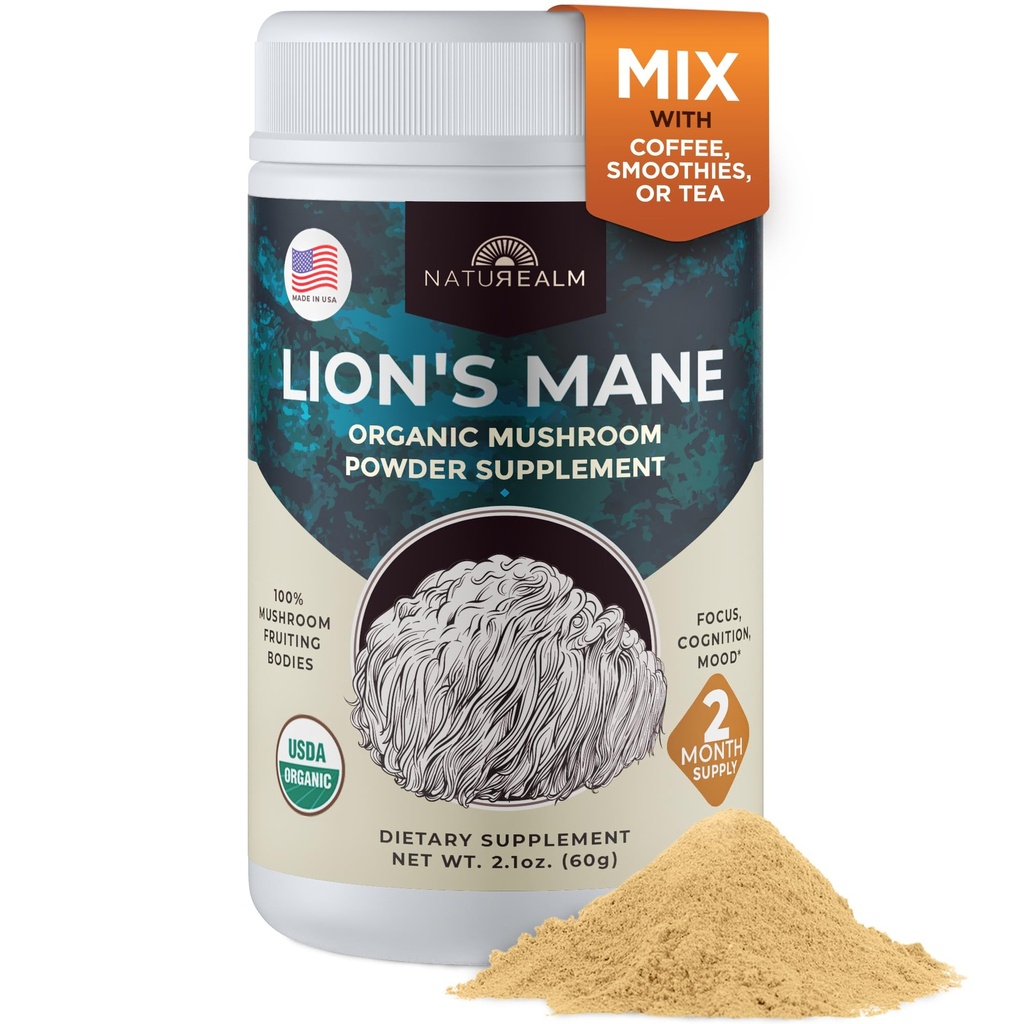 Natalm Lion's Mane Mushroom Powder - 组织大脑支持聚焦记忆 精神清晰 - 非转基因生物认知功能 - 60 services