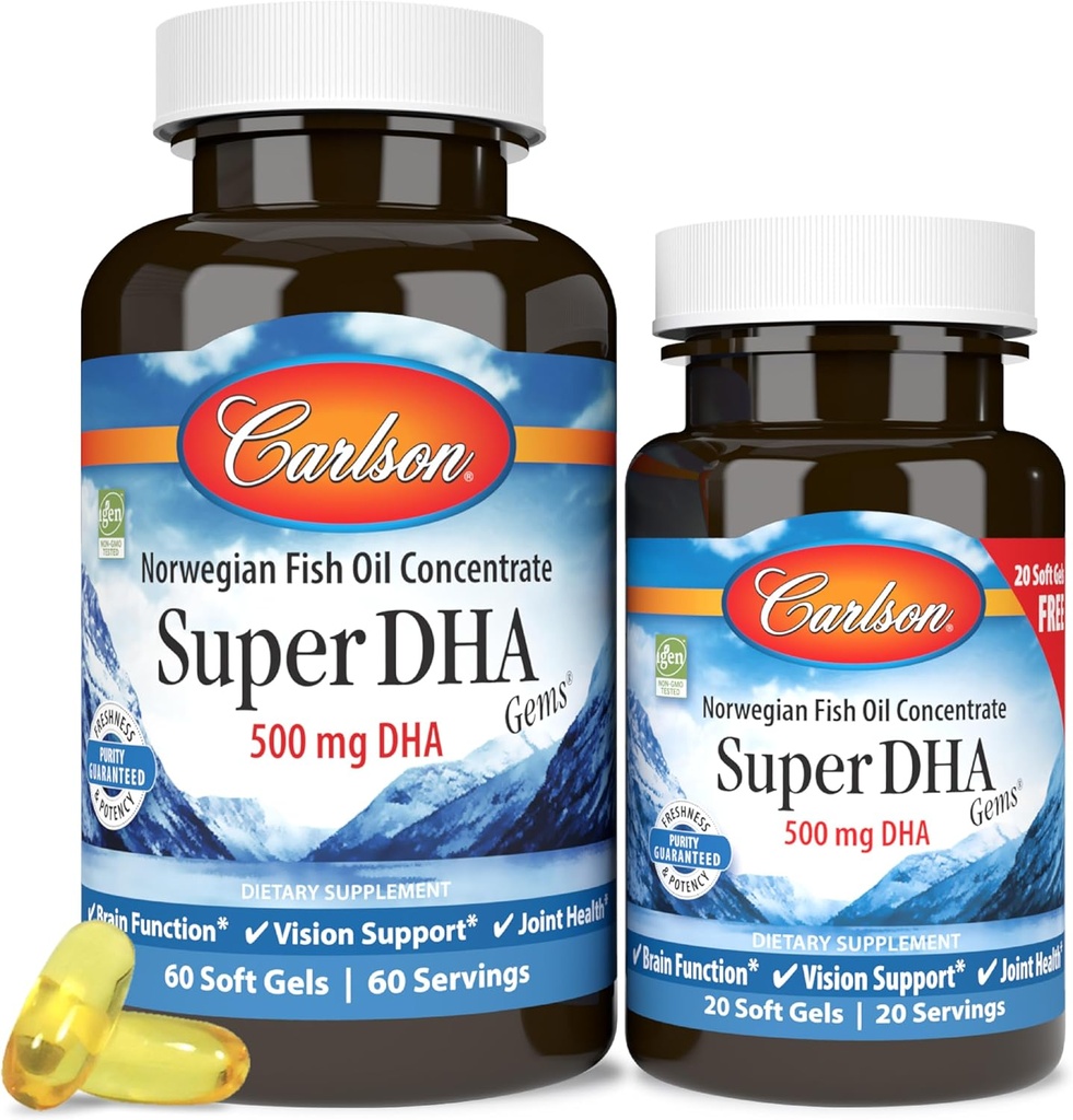 Carlson - 超级DHA宝石,500 mg DHA 补充品,640 mg脂肪酸,野生-捕捉挪威北极鱼油集中,可持续来源的北欧鱼油盖,60+20软胶