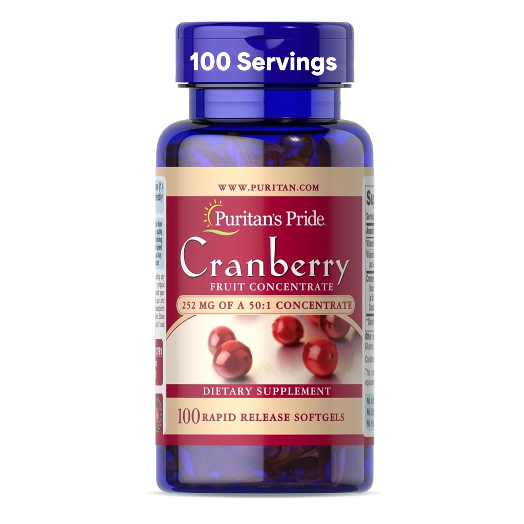 清教徒的荣耀精品 Cranberry 水果集中252mg(12,600mg等效)与维生素C和E, 对免疫系统支持的饮食补充, 100 快速释放软胶
