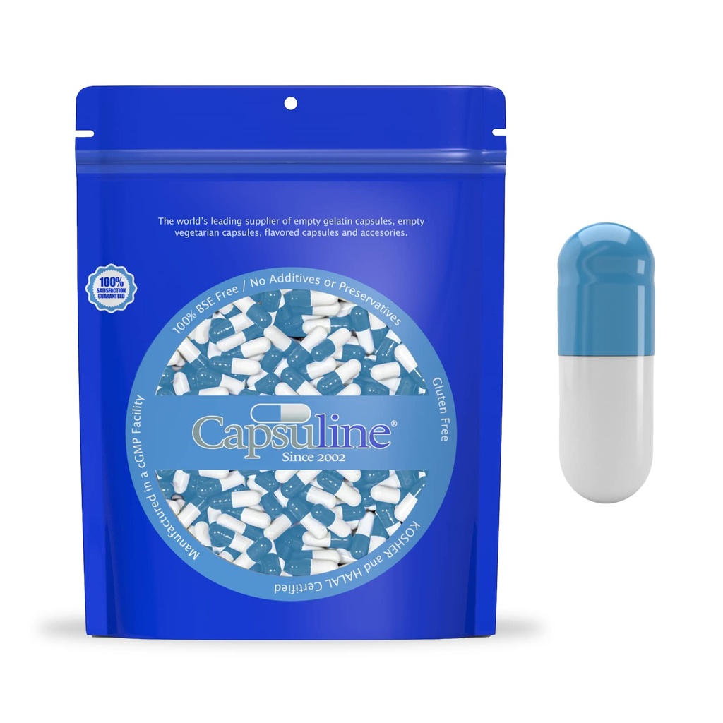 Capsuline 彩色尺寸 0 空 Gelatin Capsules 蓝白1000 伯爵 & Halal 认证 & Gluten Free