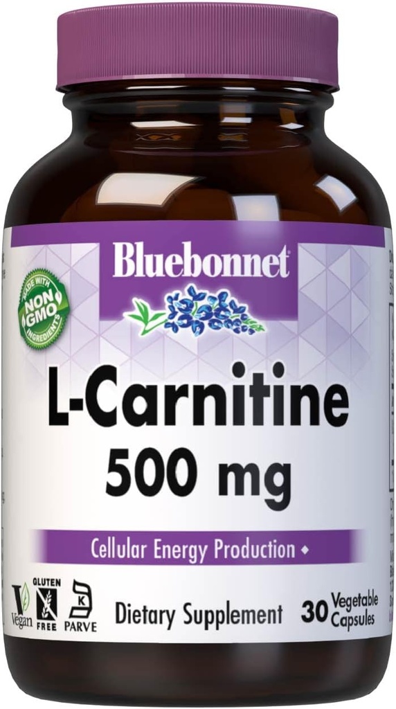 Bluebonnet 营养 L-Carnitine 500mg, 运输脂肪酸*, 靴状细胞能源*, 无大豆, 无胶, 非GMO, Kosher 认证, Vegan, 30个蔬菜罐头, 30个服务