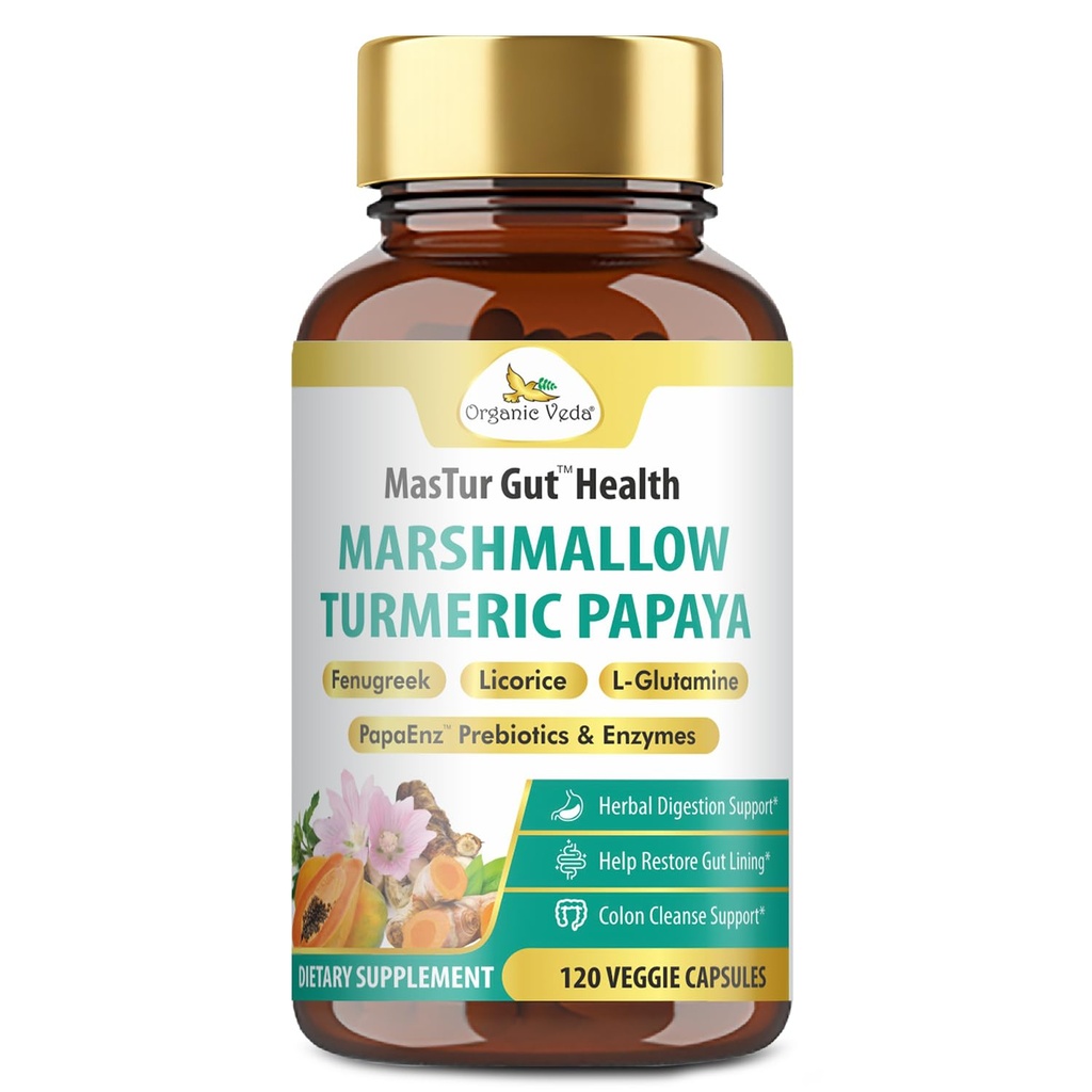 有机Veda Marshmallow Turmeric Gut 补充剂 - 消化健康,Leaky Gut修复和清洁支持 - 帕帕亚消化酶, Prebiotics, L-Glutamine, Green Banana, Psyllium Husk - 120 Capsule