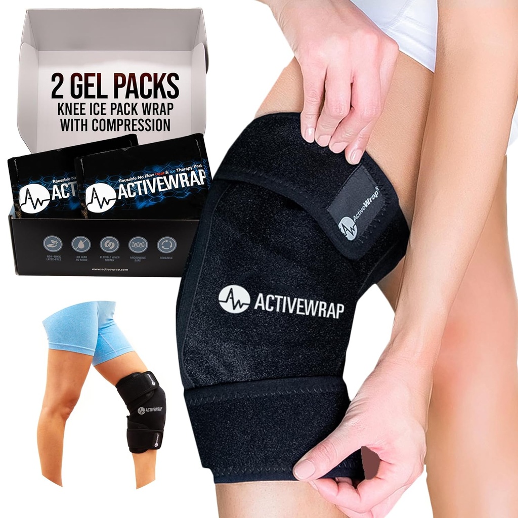 ActiveWrap - Knee Ice Pack Crap with Compression, 2 可重复使用的Gel Heat & Cold Packs for Knee Pain, Sore Legs & Shin Sprints. 膝盖疼痛(英语:Knee Packs), 脚痛(英语:Sore Legs & Shin Sprints), 膝盖疼痛(英语:Knee Pain)和脚痛(英语:Shin Sprints)的冰块包装. 伤害和居住控制和联合支助的灵活冷包----一个尺寸最适合