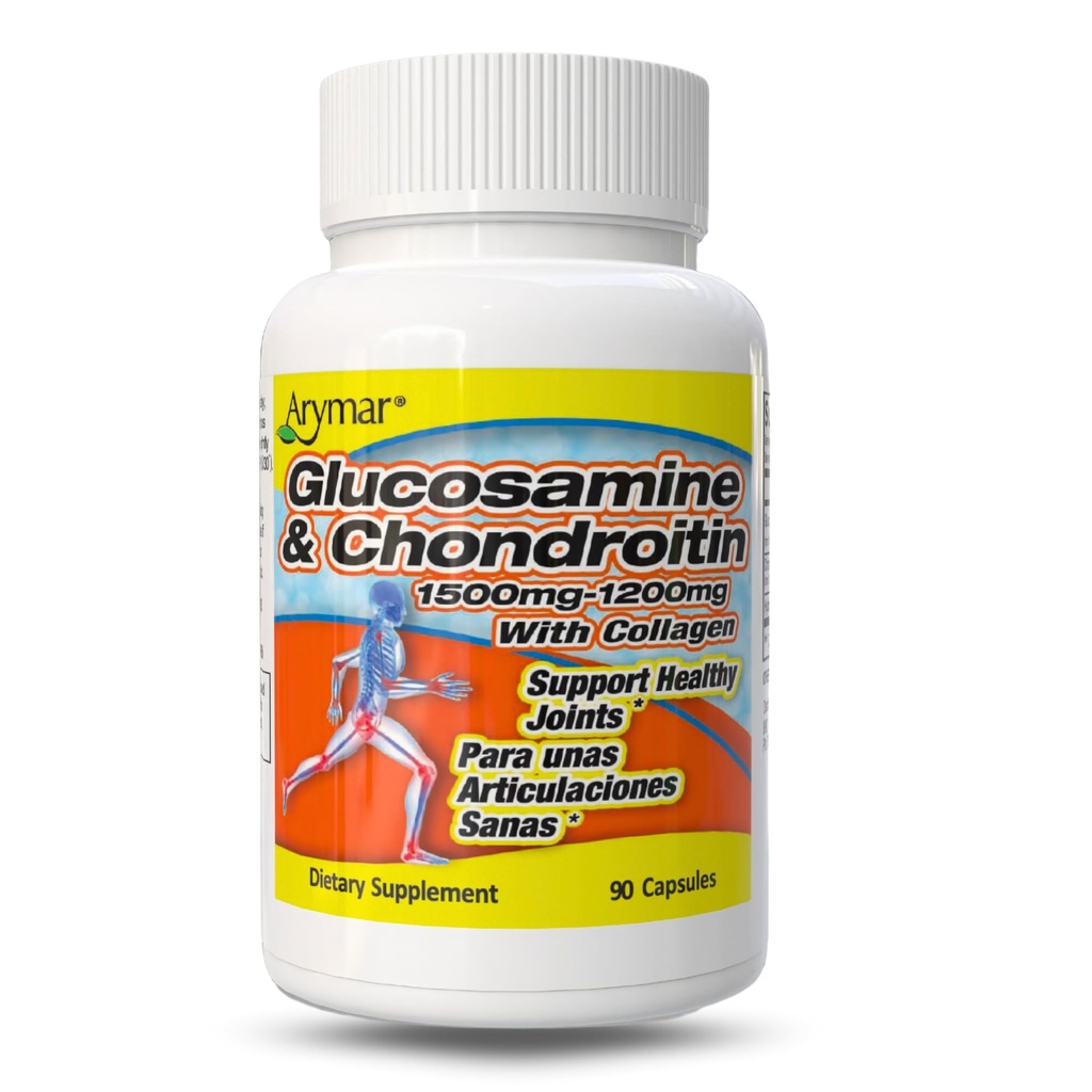 ARYMAR Glucosamine 1500 mg和Chondroitin 1200 mg配有Colagen – 联合健康补充 – 90 Capsules