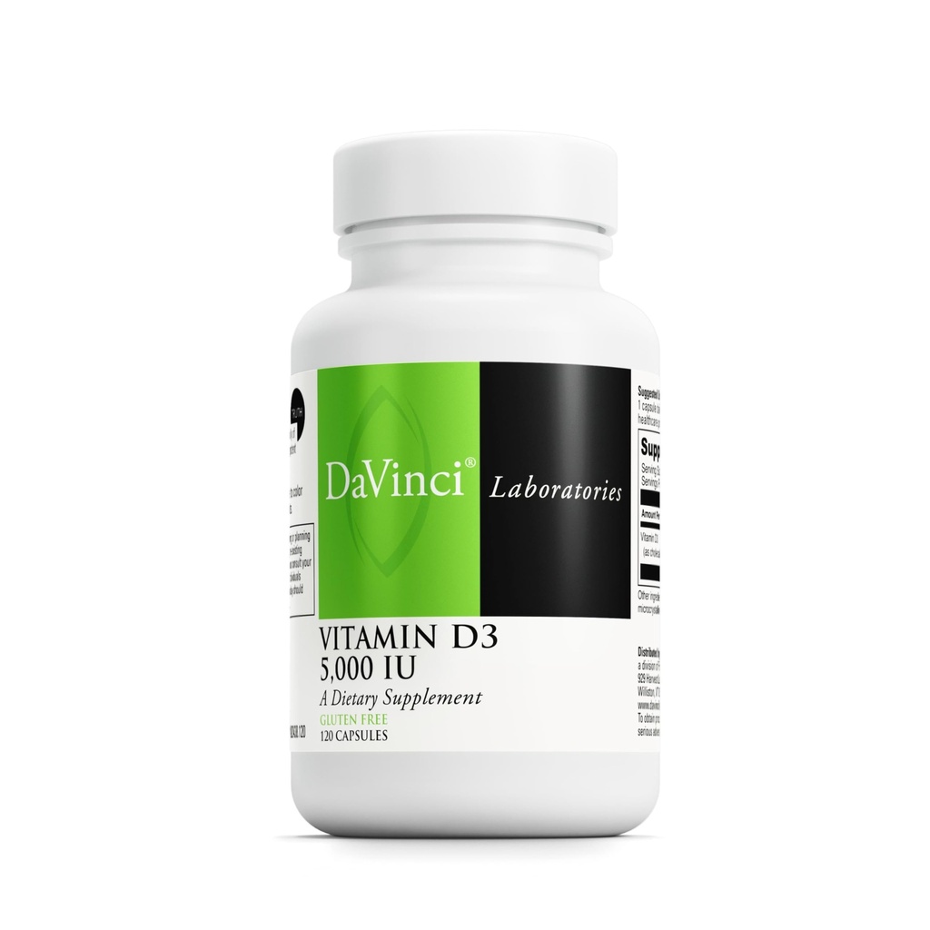 DAVINCI Labs Vitamin D3 5000 IU - Dietary Supplement to Support Healthy Teeth and Bones, Cardiovascular Function, and Immune Health* - with 5000 IU per Serving - Gluten-Free - 120 Capsules